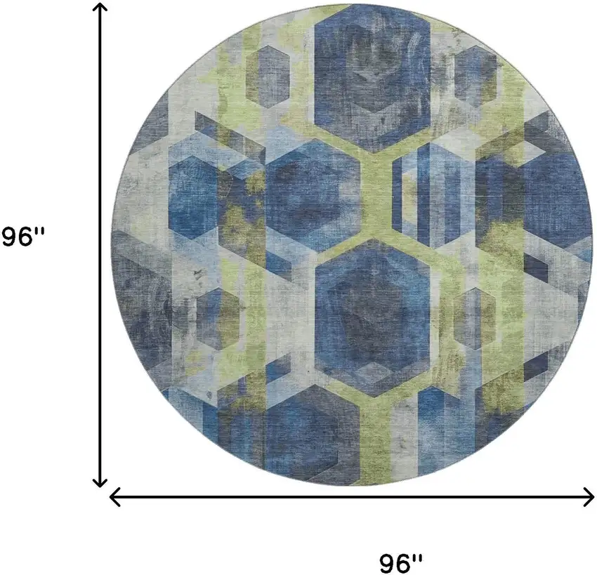 8' Navy Blue Green And Gray Geometric Washable Round Rug With UV Protection Photo 9