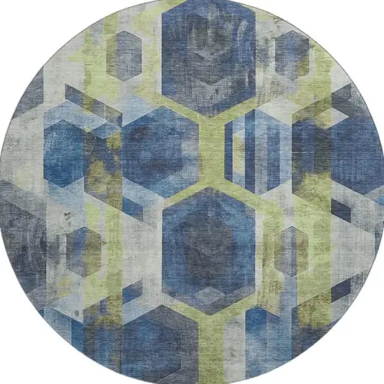 8' Navy Blue Green And Gray Geometric Washable Round Rug With UV Protection Photo 3