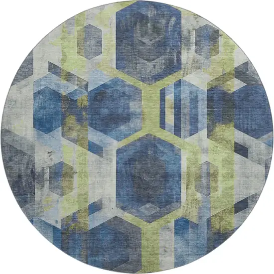 8' Navy Blue Green And Gray Geometric Washable Round Rug With UV Protection Photo 1