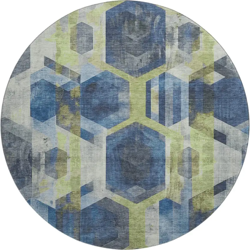 8' Navy Blue Green And Gray Geometric Washable Round Rug With UV Protection Photo 1