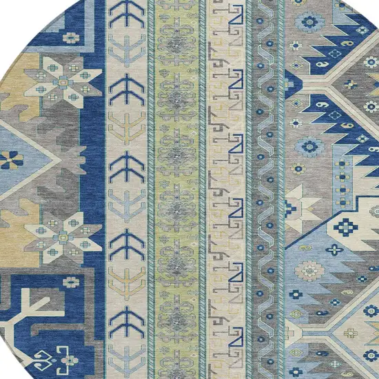 8' Navy Blue Green And Gray Round Aztec Washable Indoor Outdoor Area Rug Photo 5