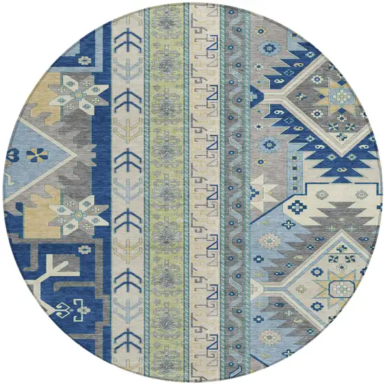 8' Navy Blue Green And Gray Round Aztec Washable Indoor Outdoor Area Rug Photo 2