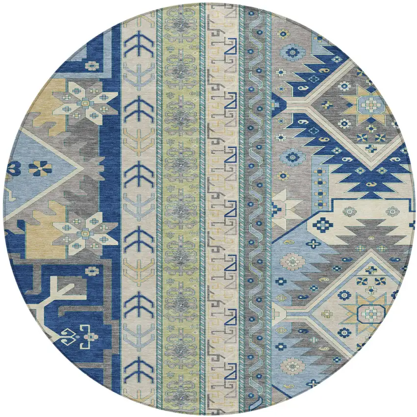8' Navy Blue Green And Gray Round Aztec Washable Indoor Outdoor Area Rug Photo 2