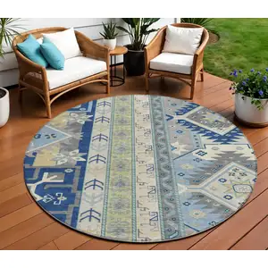 Photo of 8' Navy Blue Green And Gray Round Aztec Washable Indoor Outdoor Area Rug