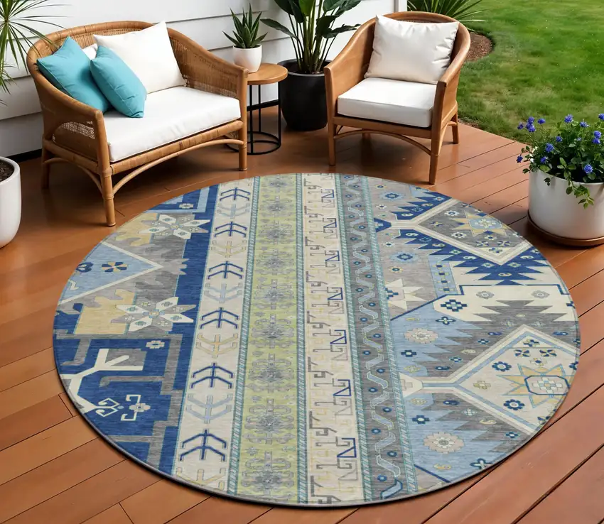 8' Navy Blue Green And Gray Round Aztec Washable Indoor Outdoor Area Rug Photo 1