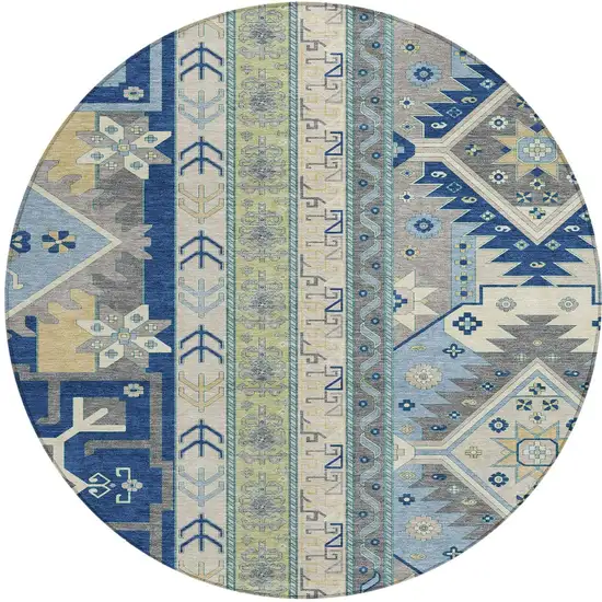 8' Navy Blue Green And Gray Round Aztec Washable Indoor Outdoor Area Rug Photo 6