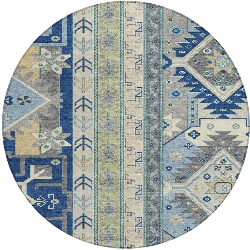 8' Navy Blue Green And Gray Round Aztec Washable Indoor Outdoor Area Rug Photo 6