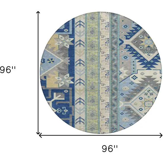8' Navy Blue Green And Gray Round Aztec Washable Indoor Outdoor Area Rug Photo 3