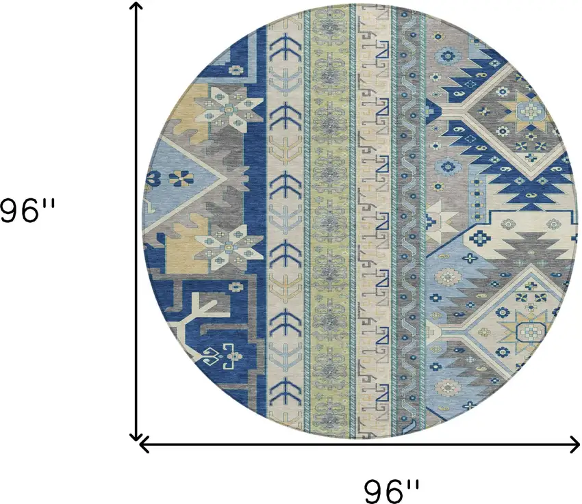 8' Navy Blue Green And Gray Round Aztec Washable Indoor Outdoor Area Rug Photo 3