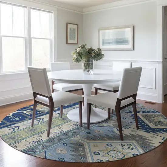 8' Navy Blue Green And Gray Round Aztec Washable Indoor Outdoor Area Rug Photo 8