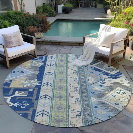 8' Navy Blue Green And Gray Round Aztec Washable Indoor Outdoor Area Rug Photo 7