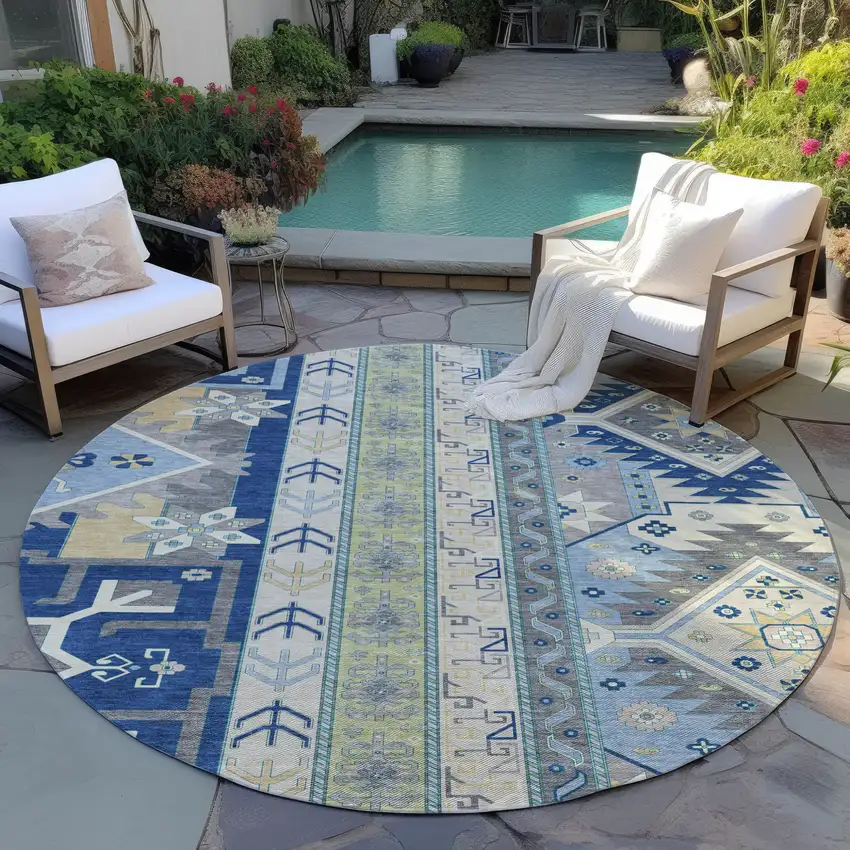 8' Navy Blue Green And Gray Round Aztec Washable Indoor Outdoor Area Rug Photo 7