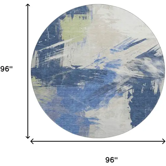 8' Navy Blue Green And Ivory Abstract Washable Round Rug With UV Protection Photo 9