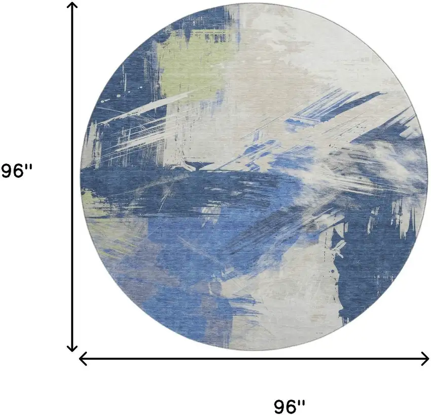 8' Navy Blue Green And Ivory Abstract Washable Round Rug With UV Protection Photo 9