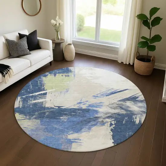 8' Navy Blue Green And Ivory Abstract Washable Round Rug With UV Protection Photo 4