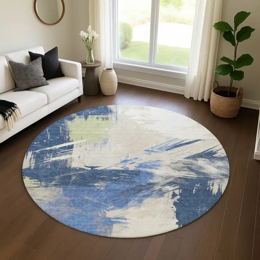 8' Navy Blue Green And Ivory Abstract Washable Round Rug With UV Protection Photo 4