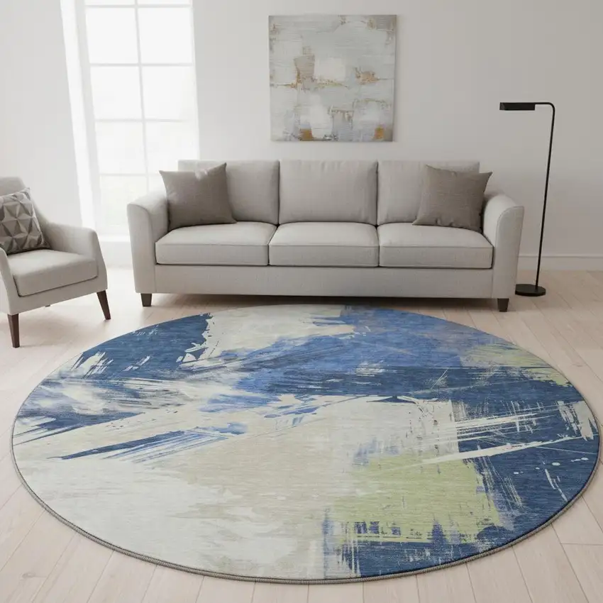 8' Navy Blue Green And Ivory Abstract Washable Round Rug With UV Protection Photo 2