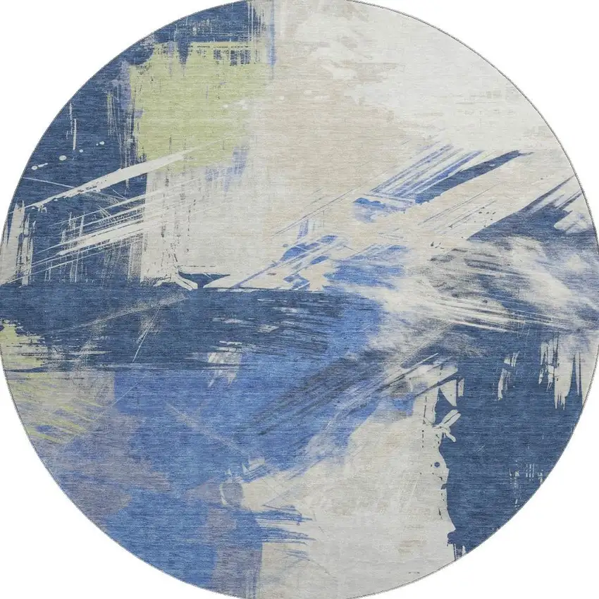 8' Navy Blue Green And Ivory Abstract Washable Round Rug With UV Protection Photo 3
