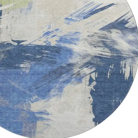 8' Navy Blue Green And Ivory Abstract Washable Round Rug With UV Protection Photo 2
