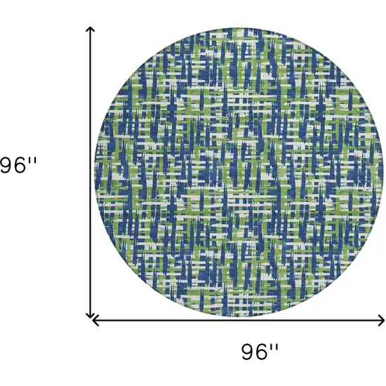 8' Navy Blue Green And Ivory Round Abstract Washable Indoor Outdoor Area Rug Photo 9