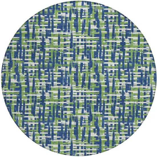 8' Navy Blue Green And Ivory Round Abstract Washable Indoor Outdoor Area Rug Photo 2