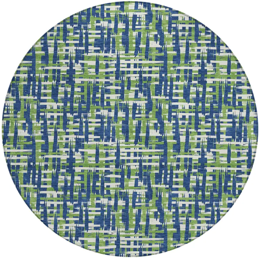 8' Navy Blue Green And Ivory Round Abstract Washable Indoor Outdoor Area Rug Photo 2
