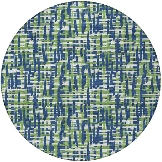 8' Navy Blue Green And Ivory Round Abstract Washable Indoor Outdoor Area Rug Photo 6