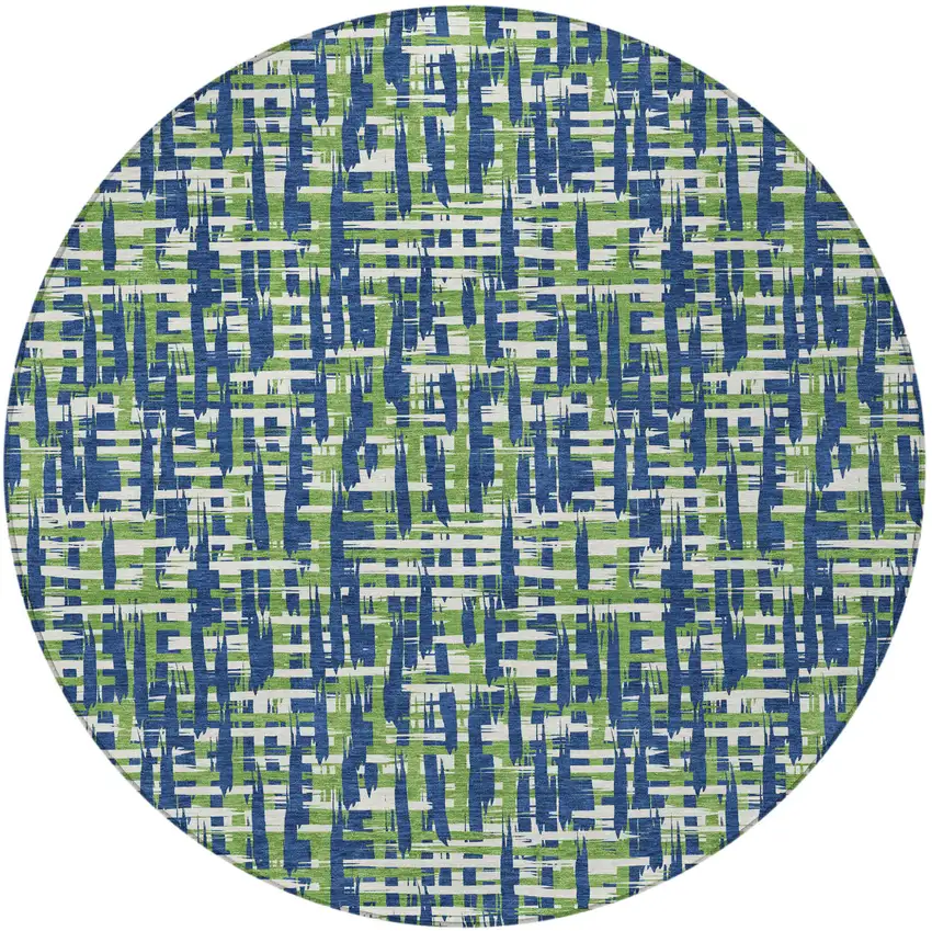 8' Navy Blue Green And Ivory Round Abstract Washable Indoor Outdoor Area Rug Photo 6