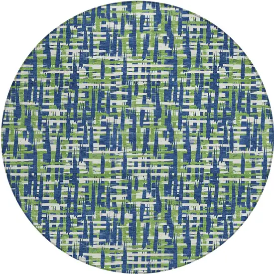 8' Navy Blue Green And Ivory Round Abstract Washable Indoor Outdoor Area Rug Photo 5