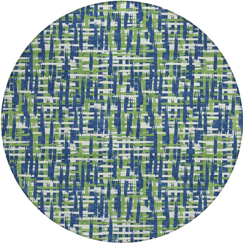 8' Navy Blue Green And Ivory Round Abstract Washable Indoor Outdoor Area Rug Photo 5