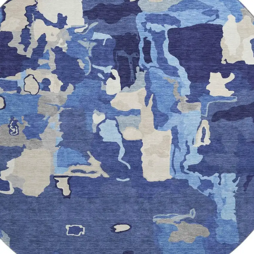 8' Navy Blue Ivory And Beige Abstract Washable Round Rug With UV Protection Photo 2