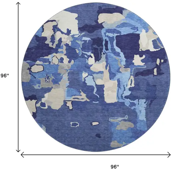 8' Navy Blue Ivory And Beige Abstract Washable Round Rug With UV Protection Photo 9