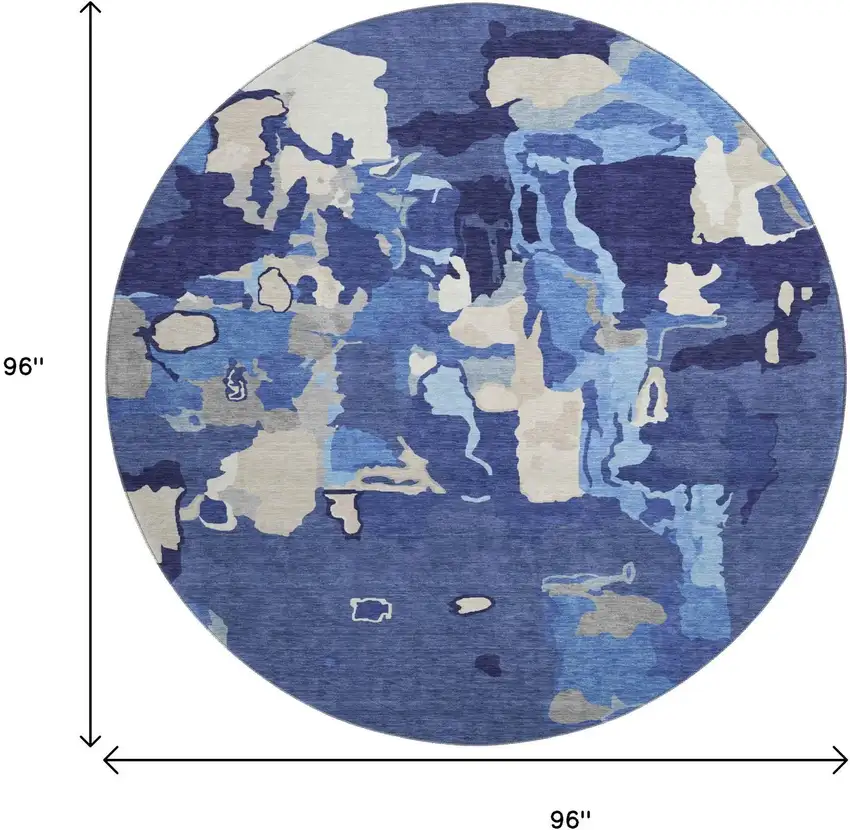 8' Navy Blue Ivory And Beige Abstract Washable Round Rug With UV Protection Photo 9