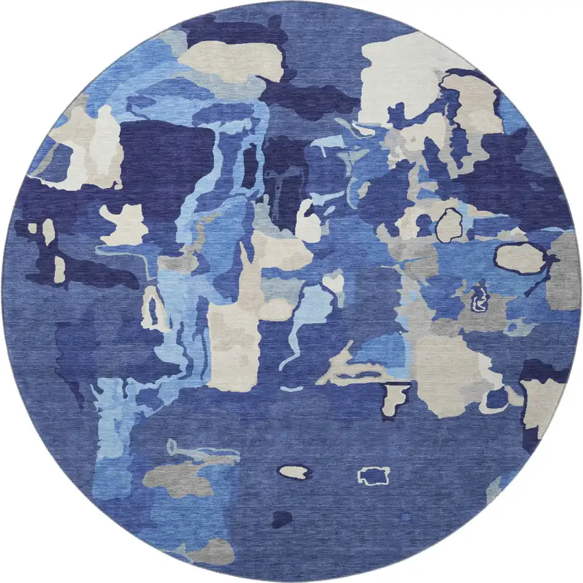8' Navy Blue Ivory And Beige Abstract Washable Round Rug With UV Protection Photo 3