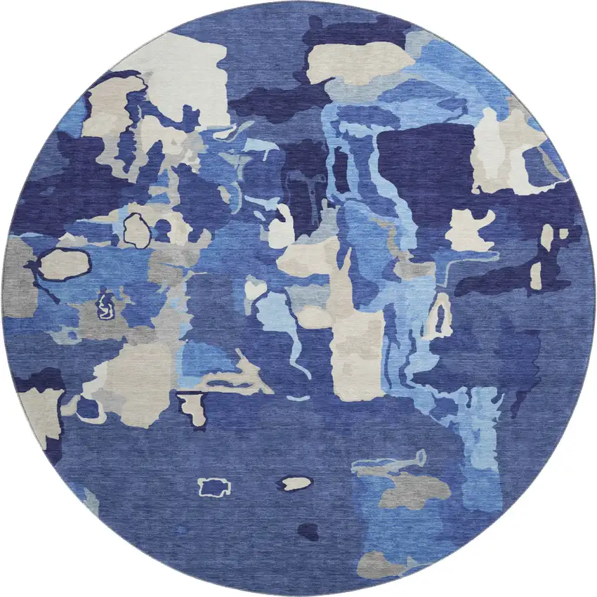 8' Navy Blue Ivory And Beige Abstract Washable Round Rug With UV Protection Photo 1