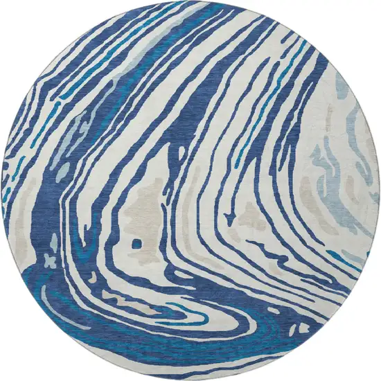 8' Navy Blue Ivory And Beige Abstract Washable Round Rug With UV Protection Photo 3