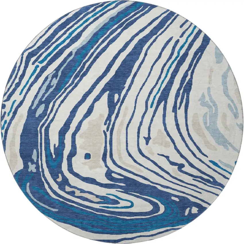 8' Navy Blue Ivory And Beige Abstract Washable Round Rug With UV Protection Photo 3