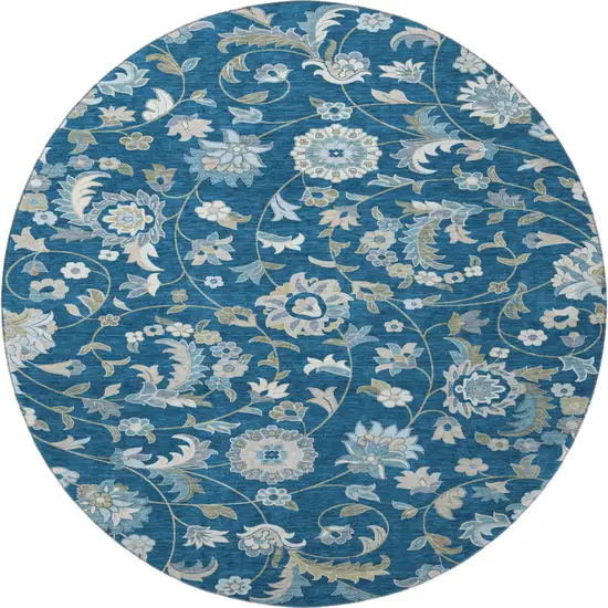 8' Navy Blue Ivory And Beige Floral Washable Round Rug With UV Protection Photo 3