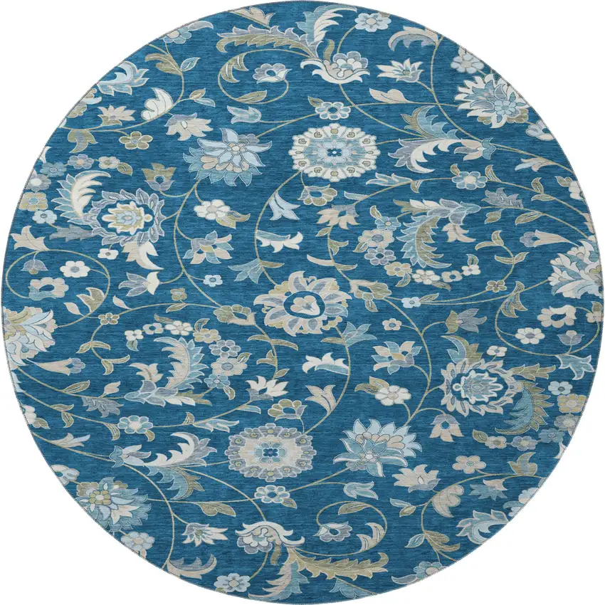 8' Navy Blue Ivory And Beige Floral Washable Round Rug With UV Protection Photo 3