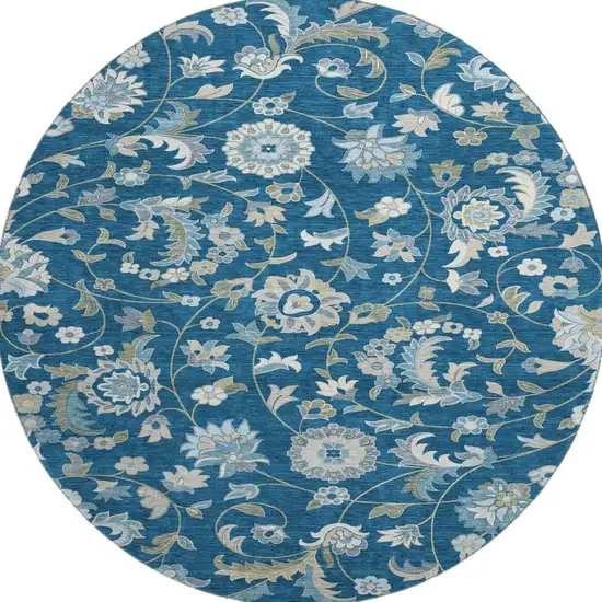 8' Navy Blue Ivory And Beige Floral Washable Round Rug With UV Protection Photo 2