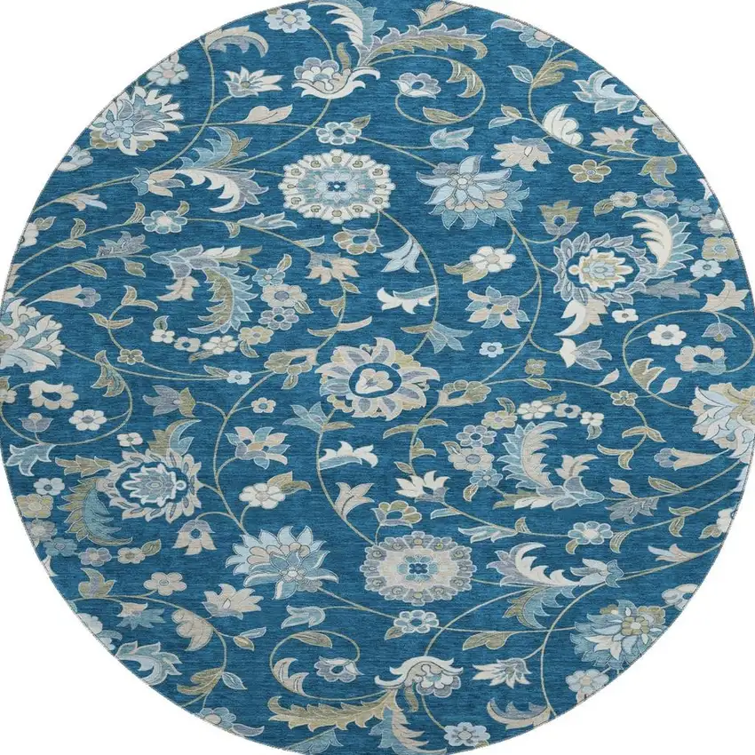 8' Navy Blue Ivory And Beige Floral Washable Round Rug With UV Protection Photo 2