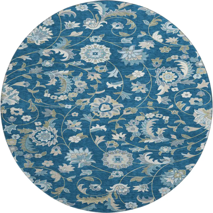 8' Navy Blue Ivory And Beige Floral Washable Round Rug With UV Protection Photo 1