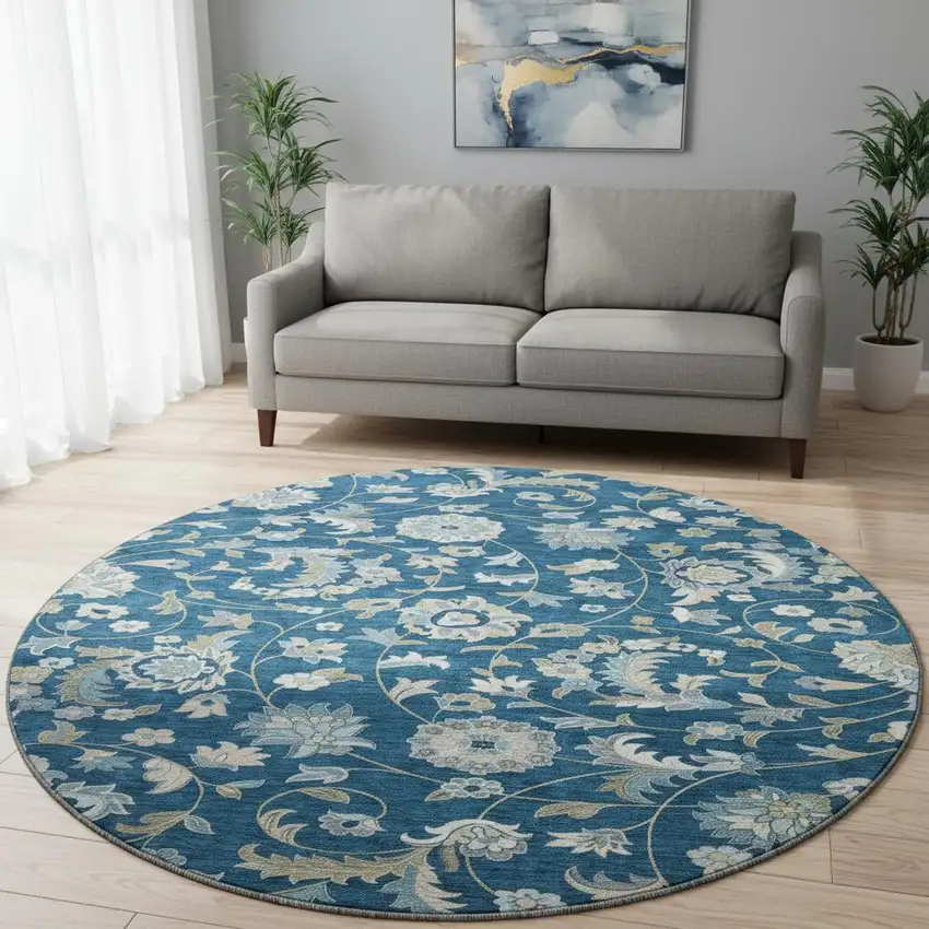 8' Navy Blue Ivory And Beige Floral Washable Round Rug With UV Protection Photo 2