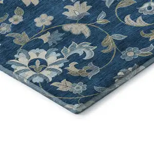 Photo of 8' Navy Blue Ivory And Beige Floral Washable Round Rug With UV Protection