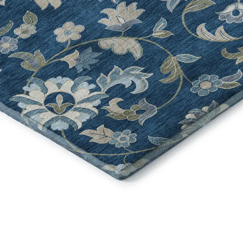 8' Navy Blue Ivory And Beige Floral Washable Round Rug With UV Protection Photo 6