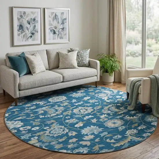 8' Navy Blue Ivory And Beige Floral Washable Round Rug With UV Protection Photo 1