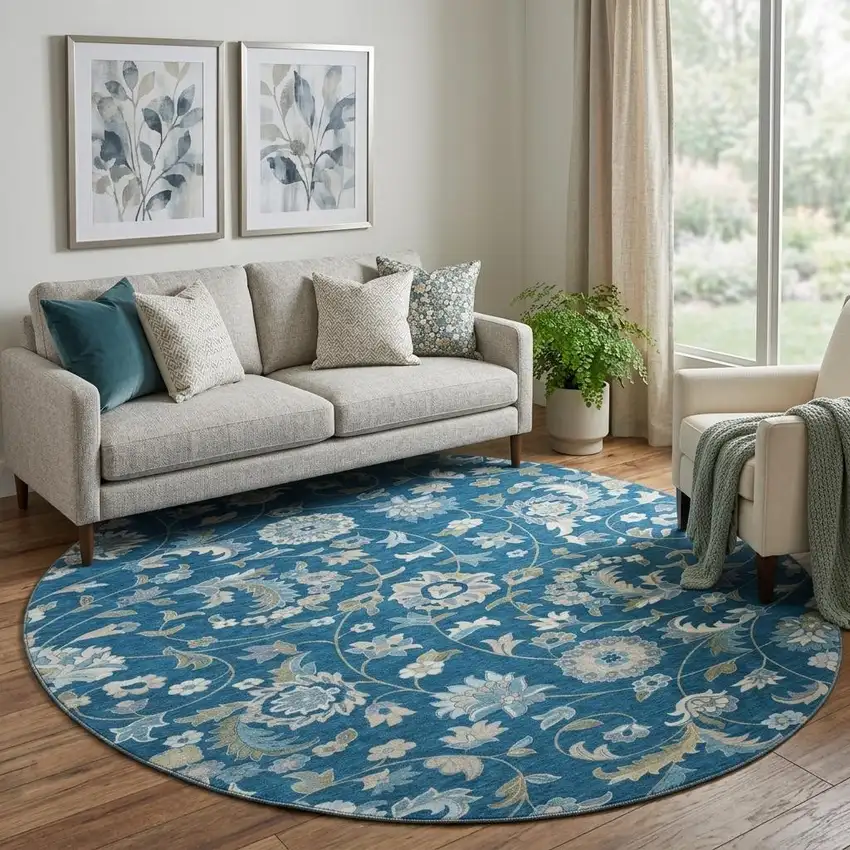 8' Navy Blue Ivory And Beige Floral Washable Round Rug With UV Protection Photo 1