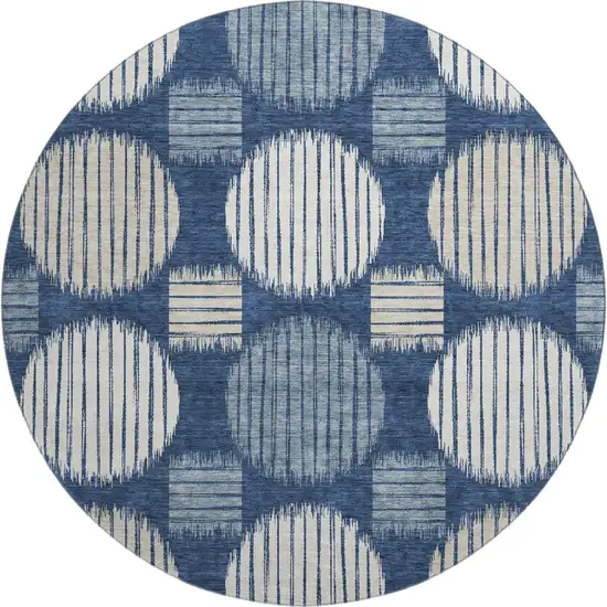 8' Navy Blue Ivory And Beige Geometric Washable Round Rug With UV Protection Photo 1
