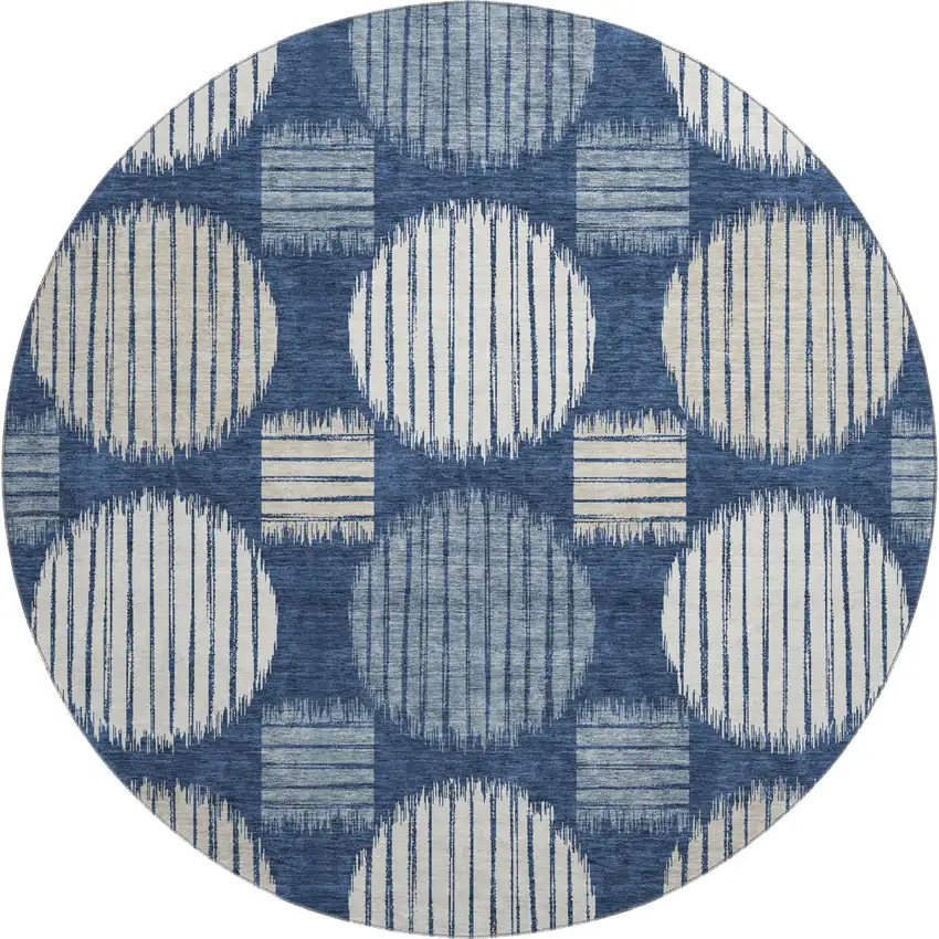 8' Navy Blue Ivory And Beige Geometric Washable Round Rug With UV Protection Photo 1