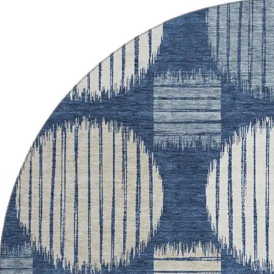 8' Navy Blue Ivory And Beige Geometric Washable Round Rug With UV Protection Photo 3